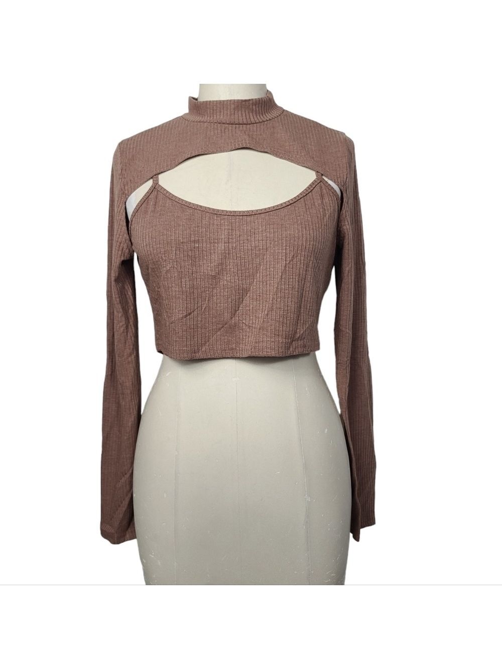 Love University Brown Ribbed Layered Long Sleeves Crop Top L